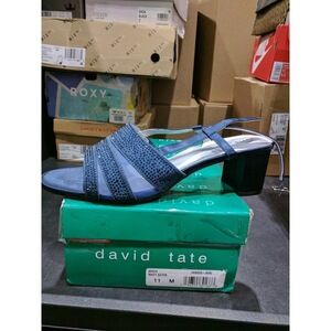 David Tate Womens Sparkle Rhinestone Slingback Heels Navy Satin 11M